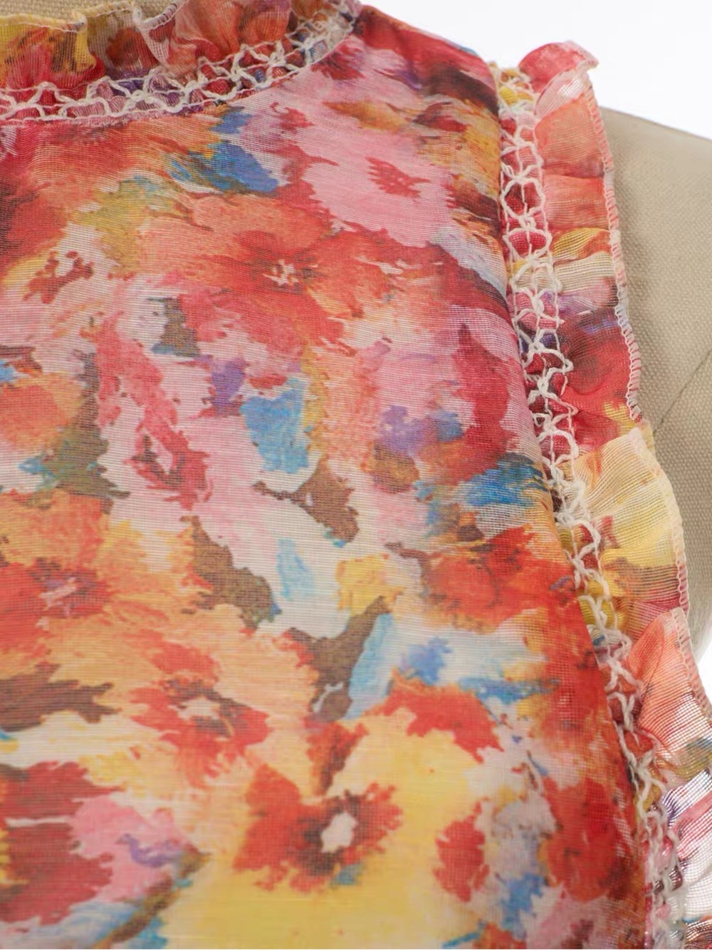 Designer Sleeveless Pink Floral Ruffle Mini Dress - Picture 6 of 12